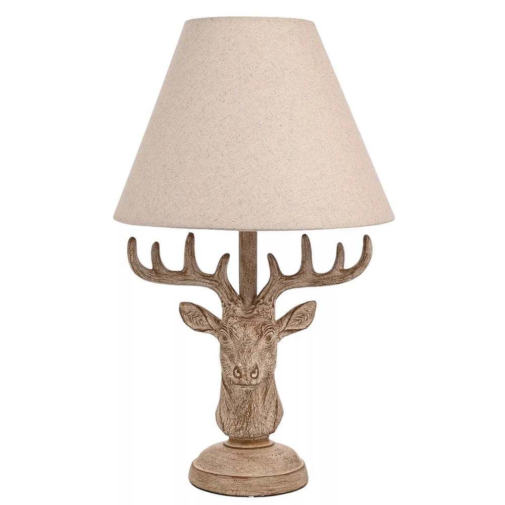 Wood Effect Rustic Stag Head Sculpture Vintage Table Lamp with Linen Shade 460mm