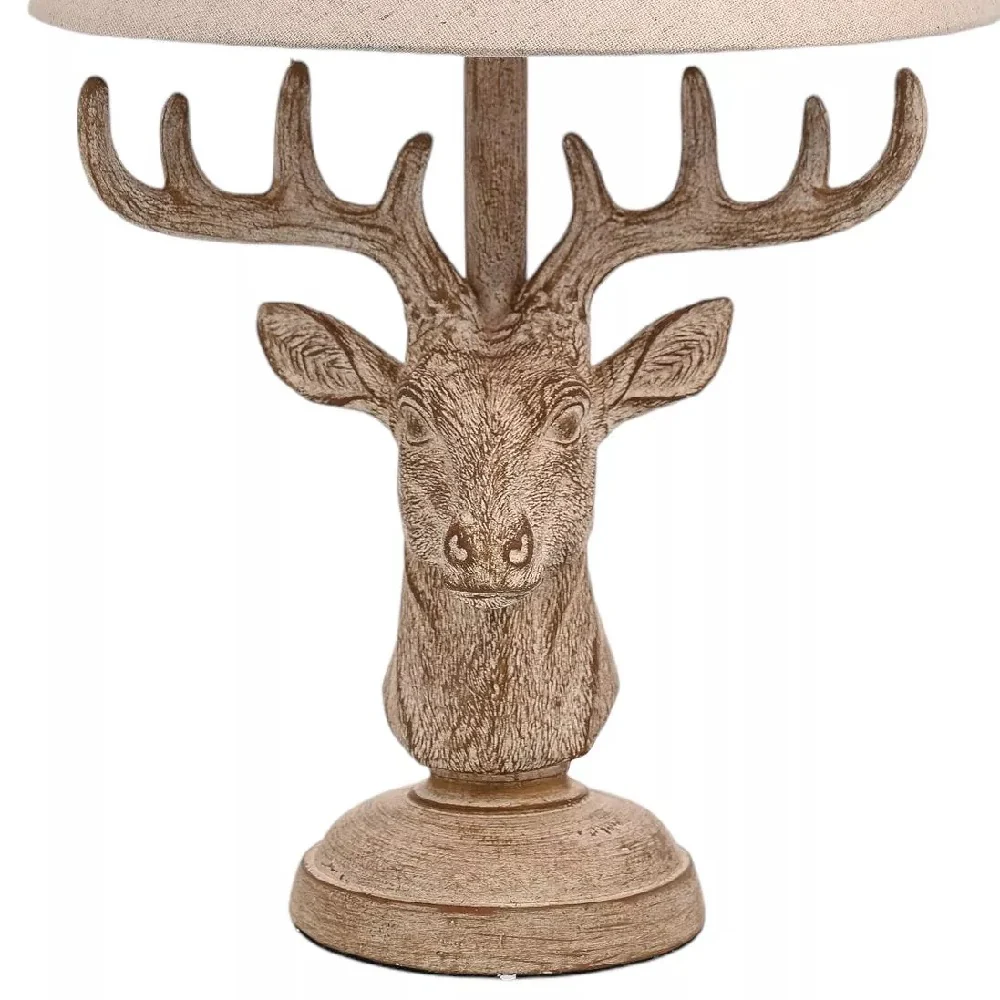 Wood Effect Rustic Stag Head Sculpture Vintage Table Lamp with Linen Shade 460mm - Image 2