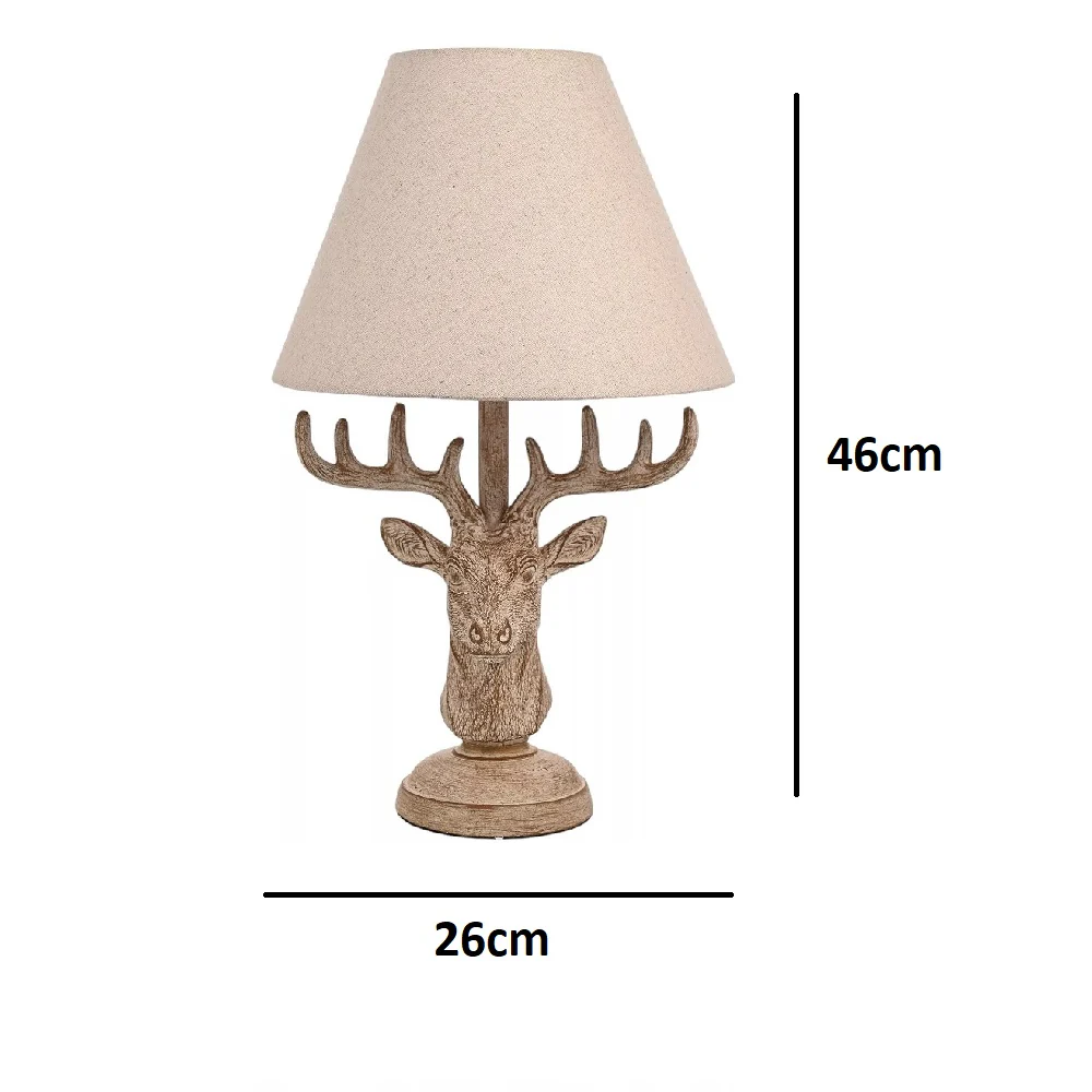 Wood Effect Rustic Stag Head Sculpture Vintage Table Lamp with Linen Shade 460mm - Image 4