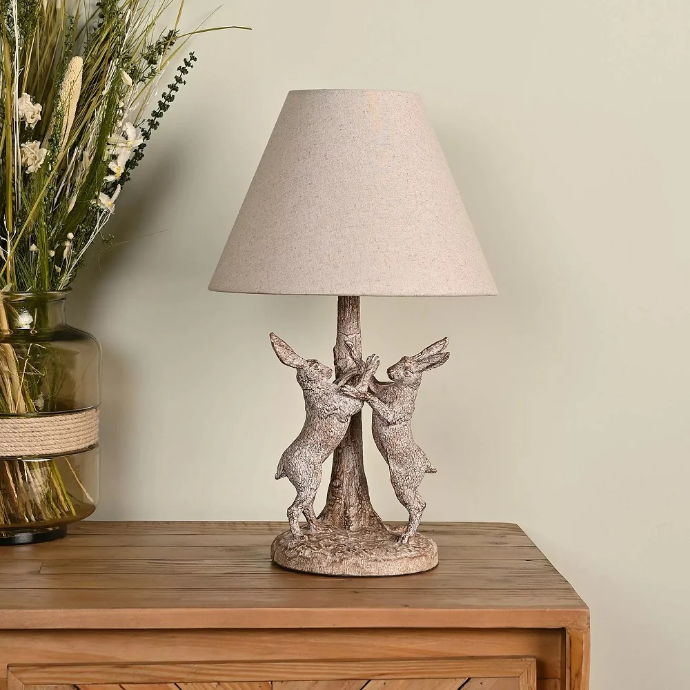 Wood Effect Marching Hares Sculpture Vintage Table Lamp with Beige Linen Shade 460mm - Image 3