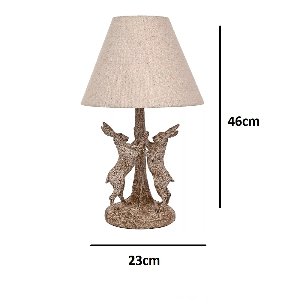 Wood Effect Marching Hares Sculpture Vintage Table Lamp with Beige Linen Shade 460mm - Image 4