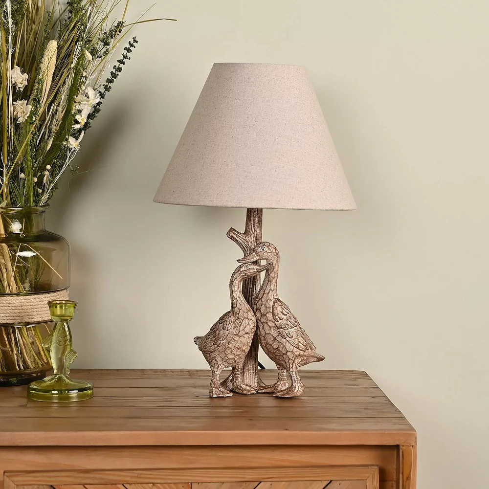 Wood Effect Resin Pair of Ducks Table Lamp with Linen Drum Shade 460mm - Image 3