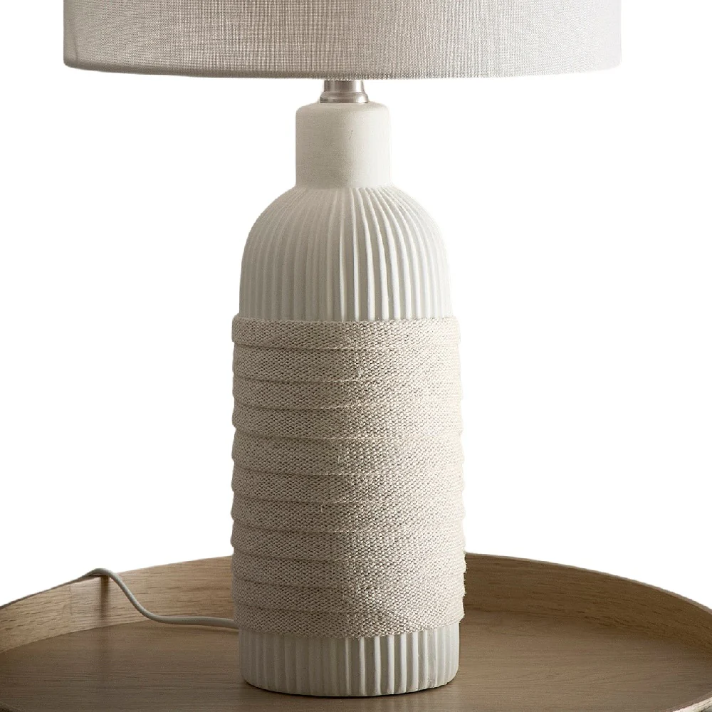 Cream Ribbed Ceramic with Rope Design Modern Cylinder Table Lamp with Cream Linen Shade 53cm - Image 2