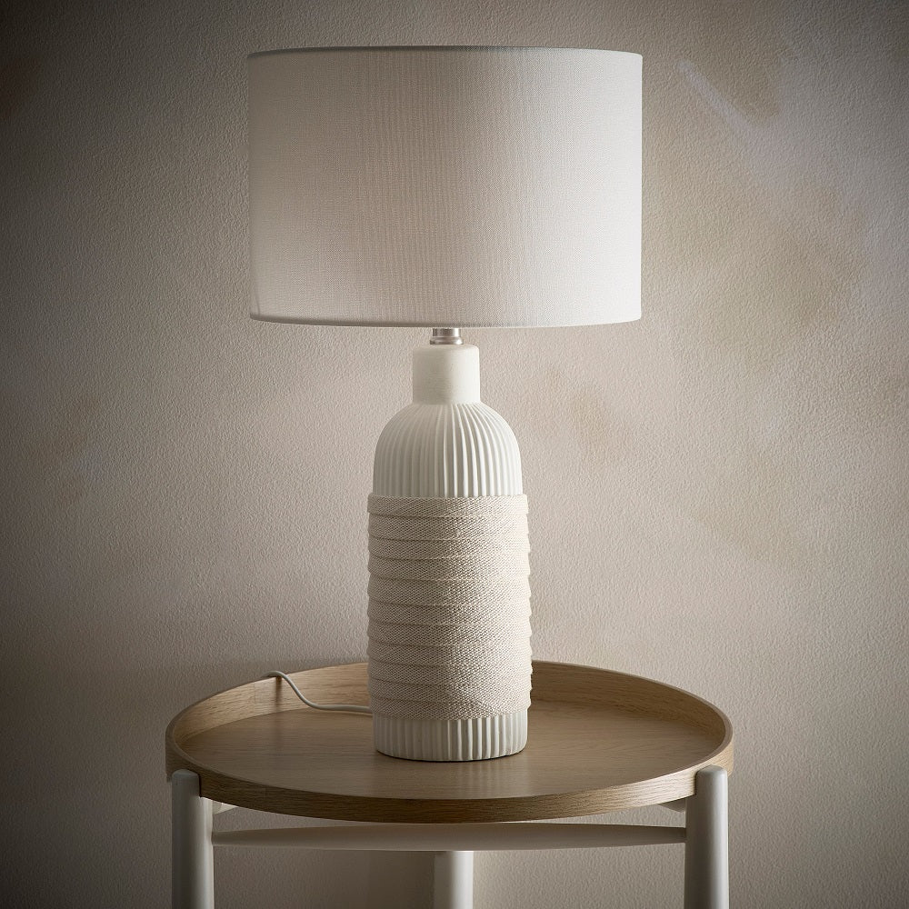 Cream Ribbed Ceramic with Rope Design Modern Cylinder Table Lamp with Cream Linen Shade 53cm - Image 3