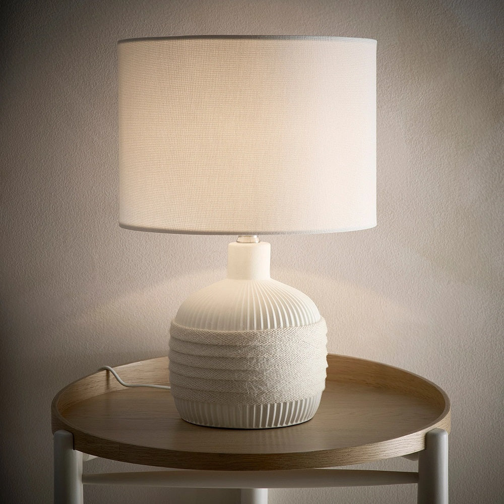 Cream Ribbed Ceramic with Rope Design Modern Table Lamp with Cream Linen Drum Lamp Shade 42cm - Image 3