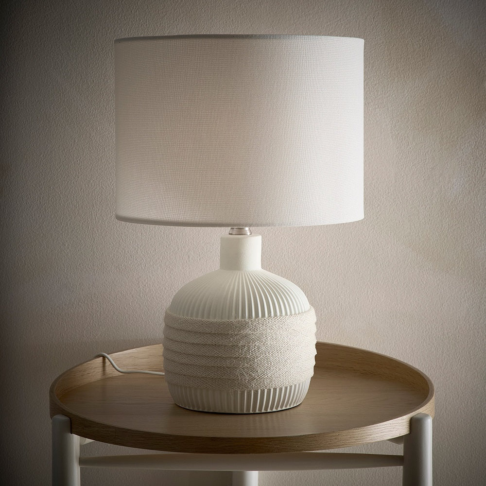 Cream Ribbed Ceramic with Rope Design Modern Table Lamp with Cream Linen Drum Lamp Shade 42cm - Image 4