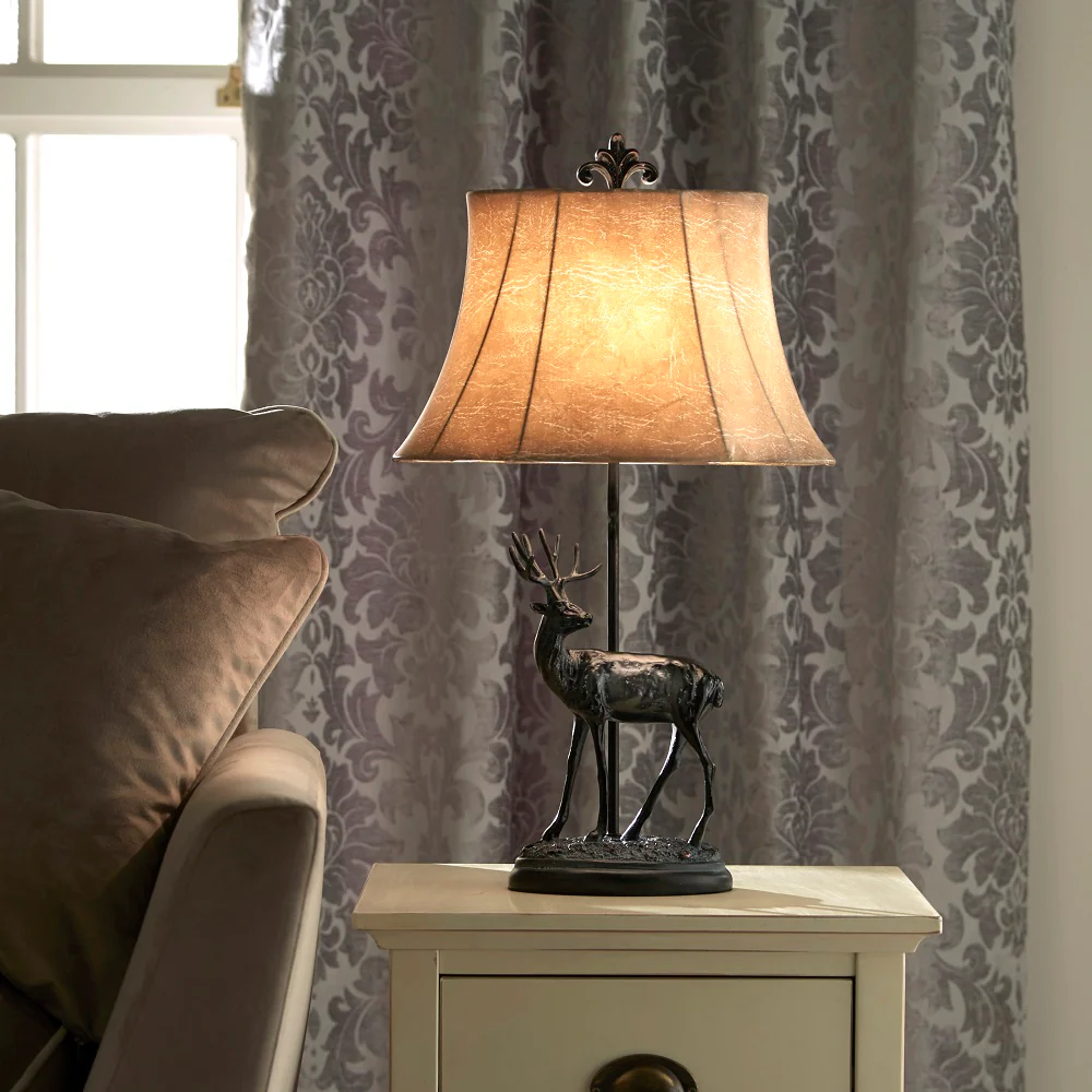 Antique Black Faline Deer Stag Table Lamp with Natural Faux Tapered Shade 65cm - Image 2