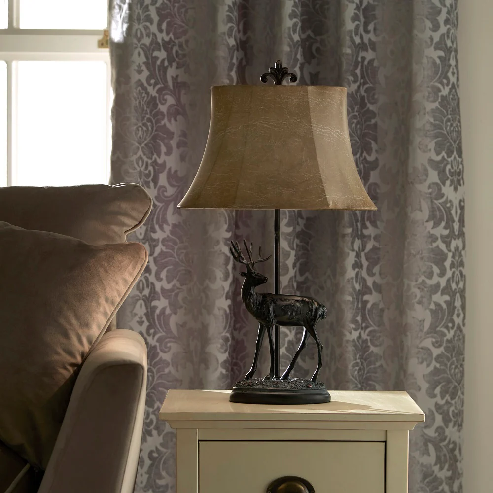Antique Black Faline Deer Stag Table Lamp with Natural Faux Tapered Shade 65cm - Image 3