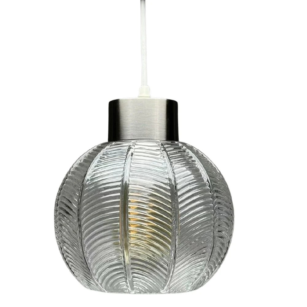 Brushed Chrome & Clear Ribbed Glass Vintage Globe Easy Fit Pendant Shade 20cm