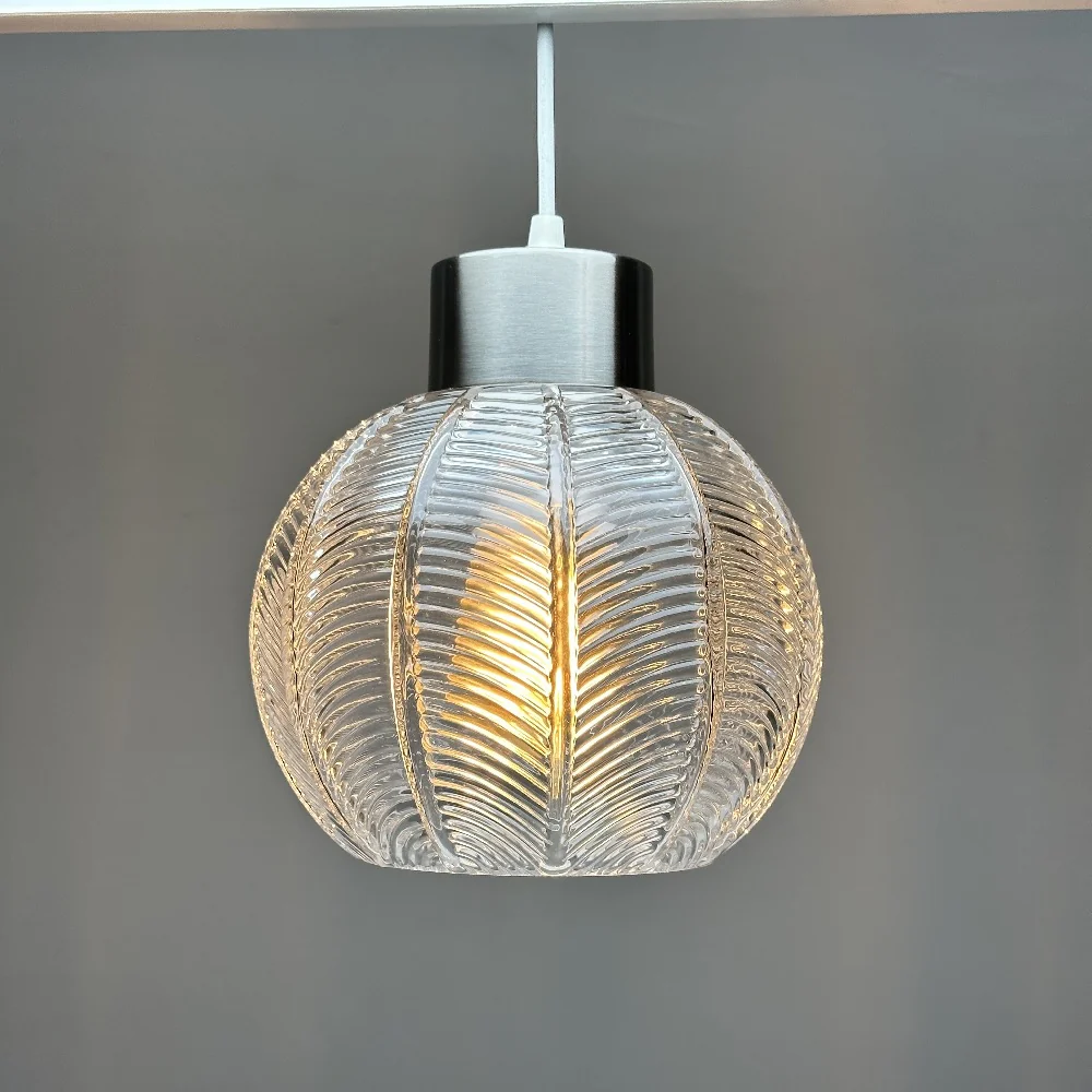 Brushed Chrome & Clear Ribbed Glass Vintage Globe Easy Fit Pendant Shade 20cm - Image 3