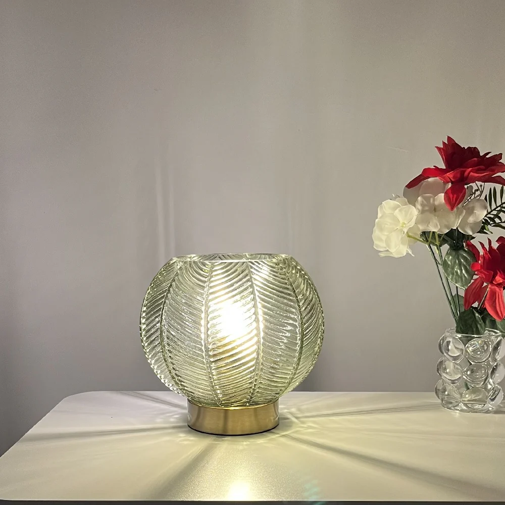 Antique Gold & Green Ribbed Glass Vintage Globe Table Lamp 20cm - Image 2