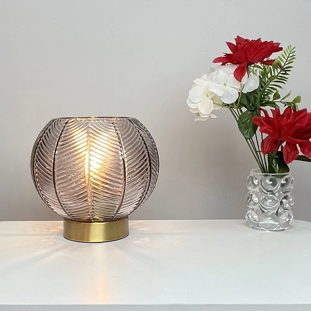 Antique Gold & Smoked Ribbed Glass Vintage Globe Table Lamp 20cm - Image 2