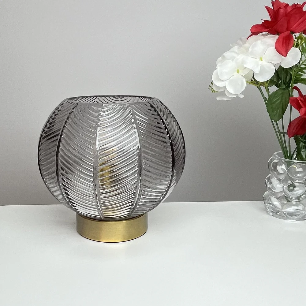 Antique Gold & Smoked Ribbed Glass Vintage Globe Table Lamp 20cm - Image 3