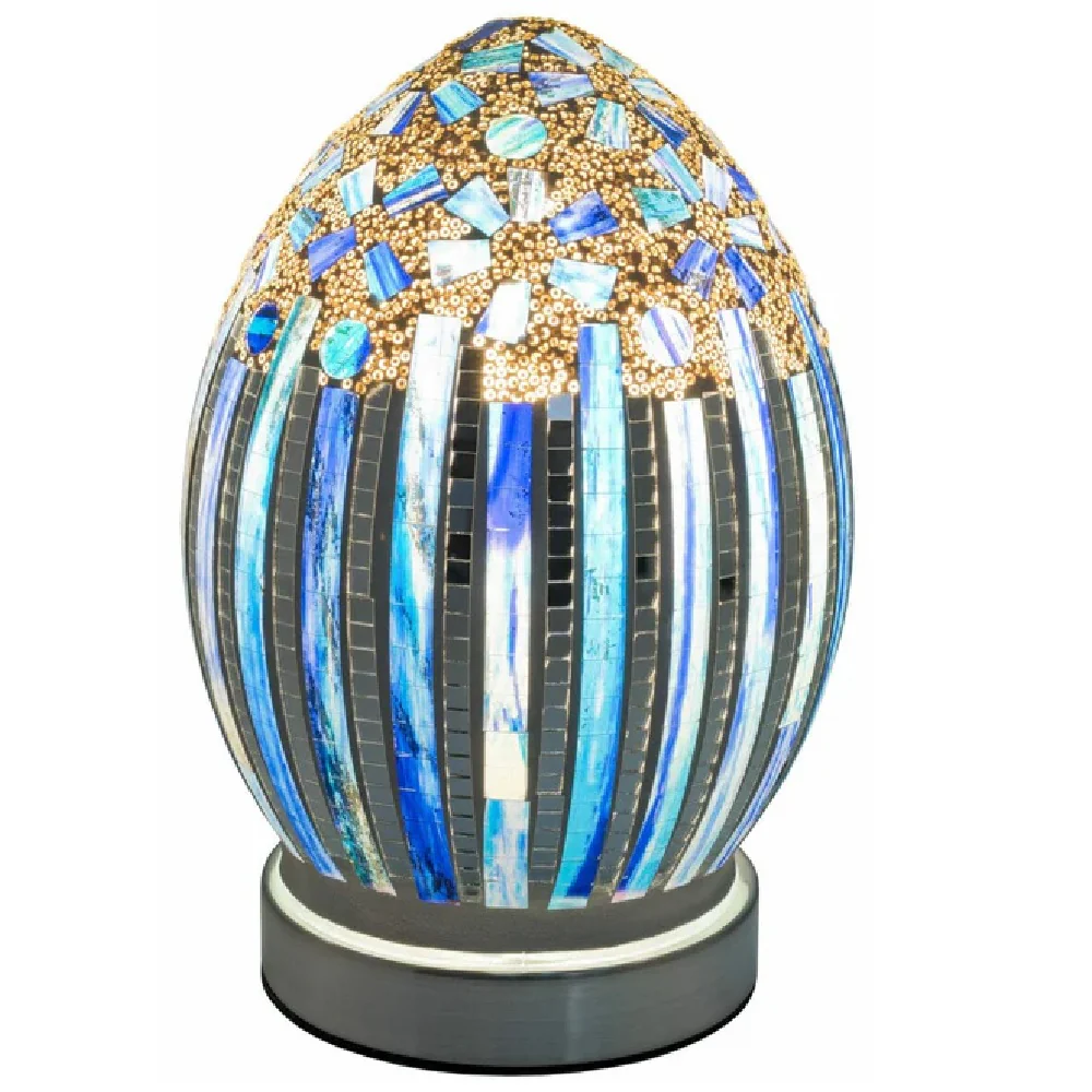 Blue Art Deco Flower Mosaic Glass Vintage Egg Table Lamp 20cm