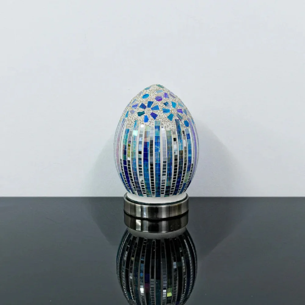 Blue Art Deco Flower Mosaic Glass Vintage Egg Table Lamp 20cm - Image 2