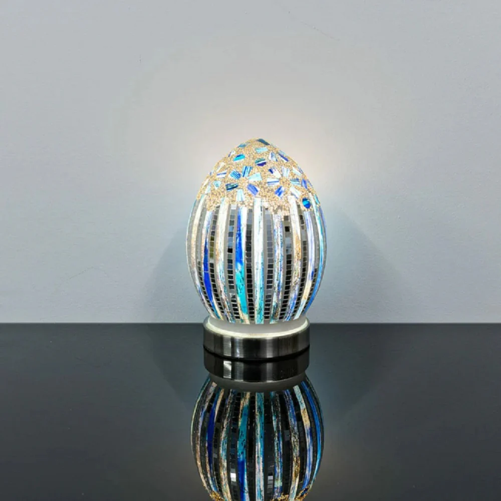 Blue Art Deco Flower Mosaic Glass Vintage Egg Table Lamp 20cm - Image 3