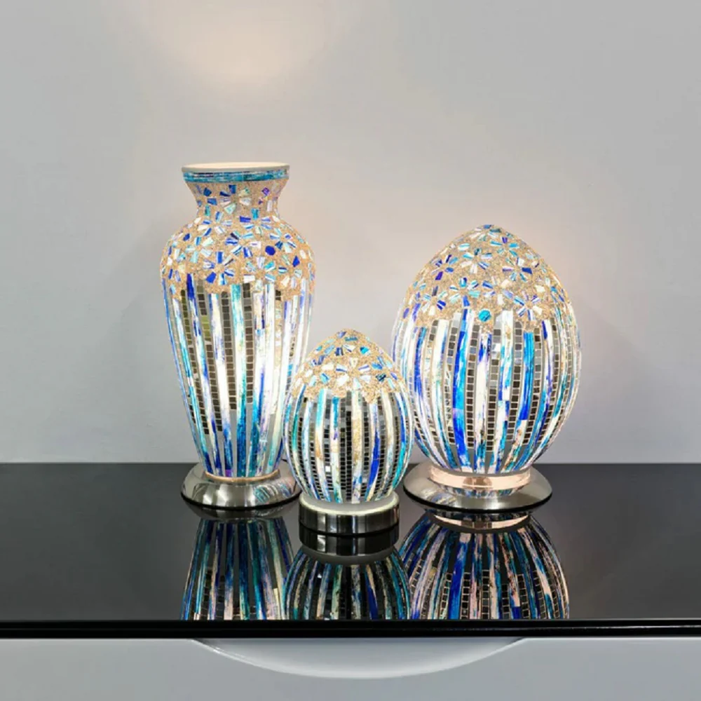 Blue Art Deco Flower Mosaic Glass Vintage Egg Table Lamp 20cm - Image 4