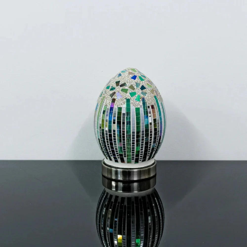 Green Art Deco Flower Mosaic Glass Vintage Egg Table Lamp 20cm - Image 2