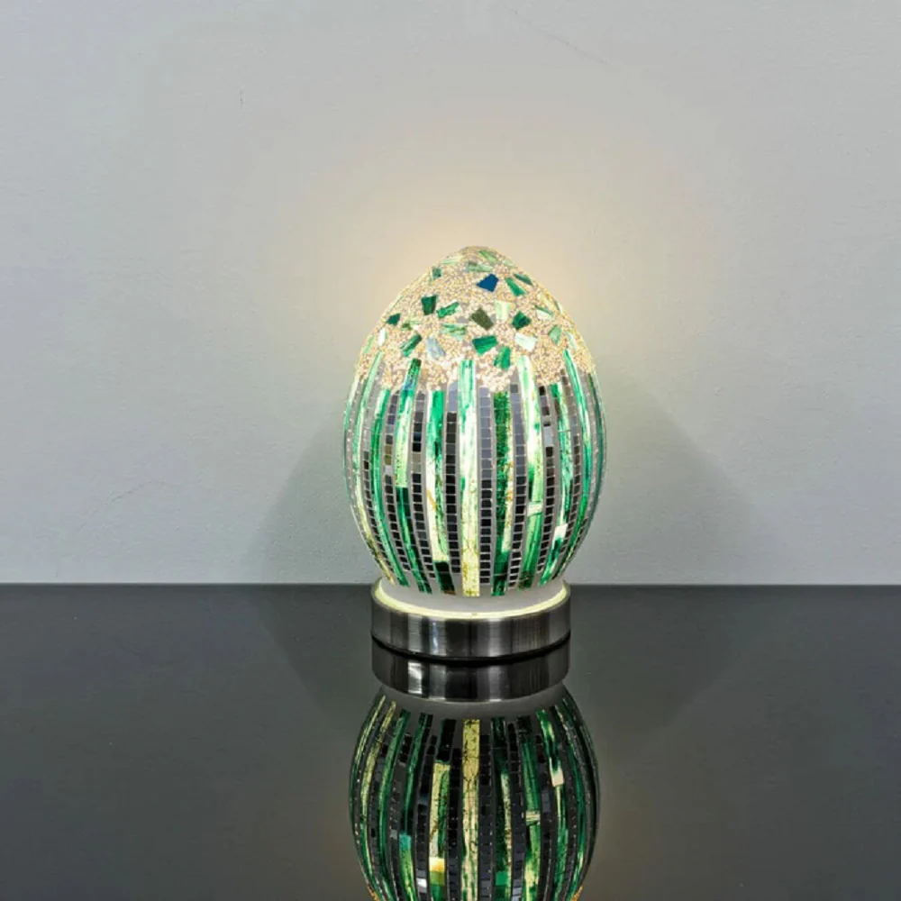 Green Art Deco Flower Mosaic Glass Vintage Egg Table Lamp 20cm - Image 3