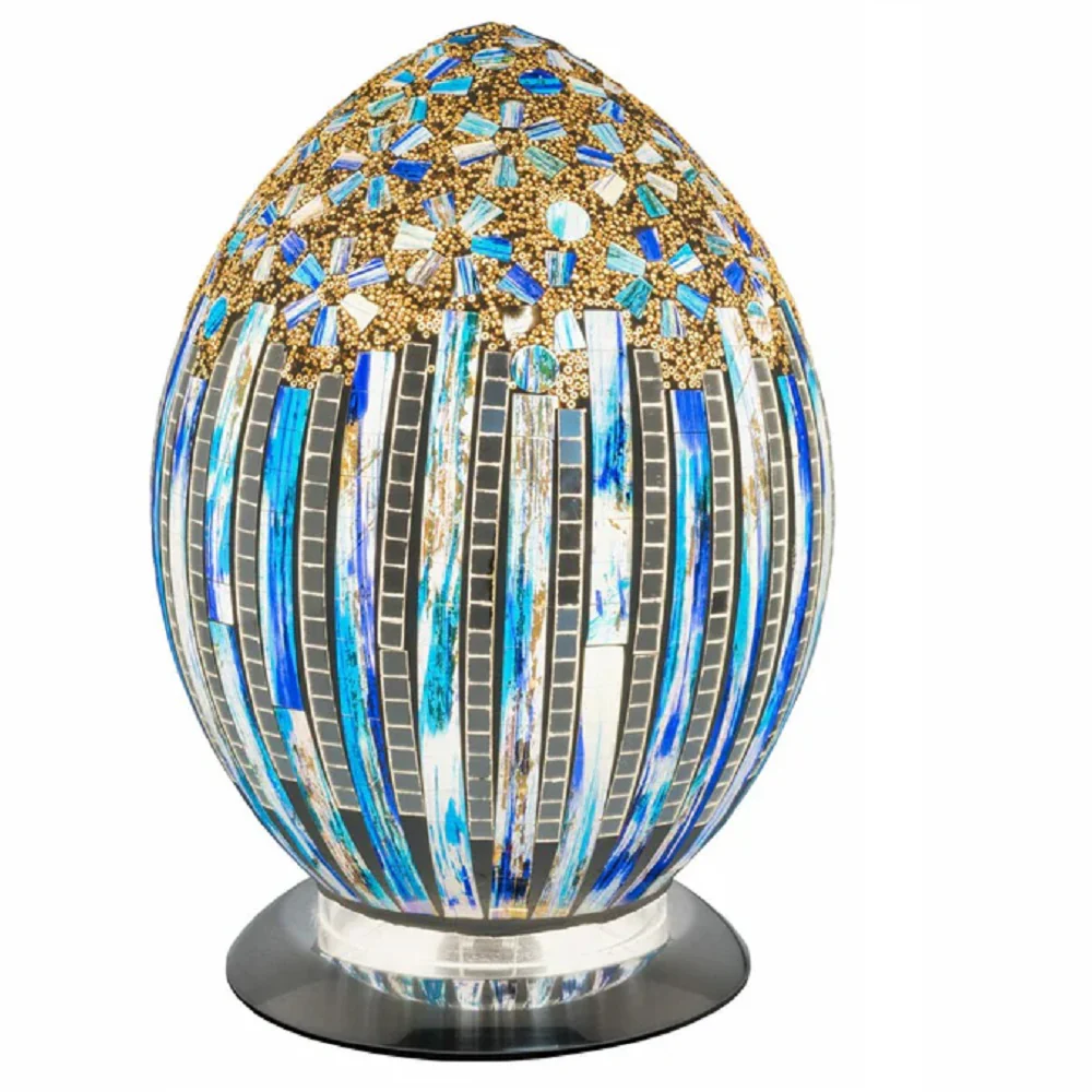 Blue Art Deco Flower Tile Mosaic Glass Vintage Egg Table Lamp 30cm