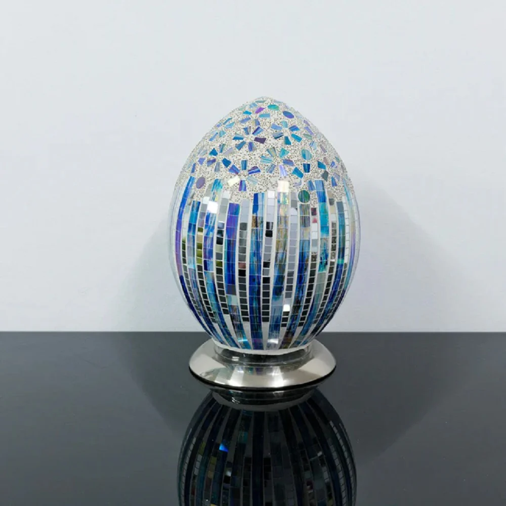 Blue Art Deco Flower Tile Mosaic Glass Vintage Egg Table Lamp 30cm - Image 2