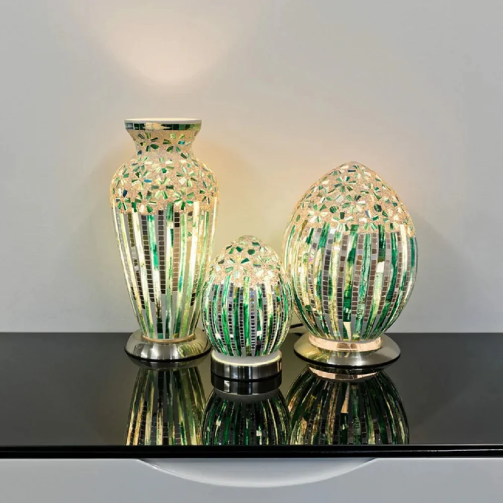 Green Art Deco Flower Mosaic Glass Vintage Vase Table Lamp 30cm - Image 4