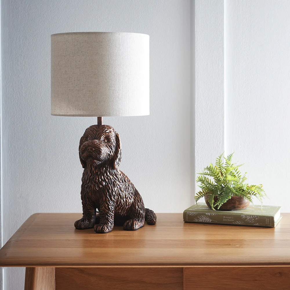 Antique Copper Sitting Puppy Table Lamp with Natural Linen Drum Shade 42cm - Image 3