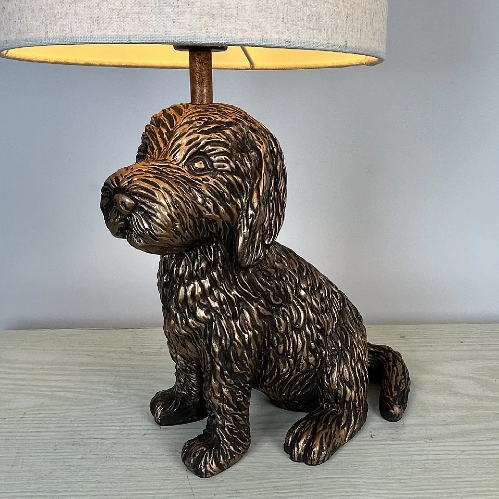 Antique Copper Sitting Puppy Table Lamp with Natural Linen Drum Shade 42cm - Image 5