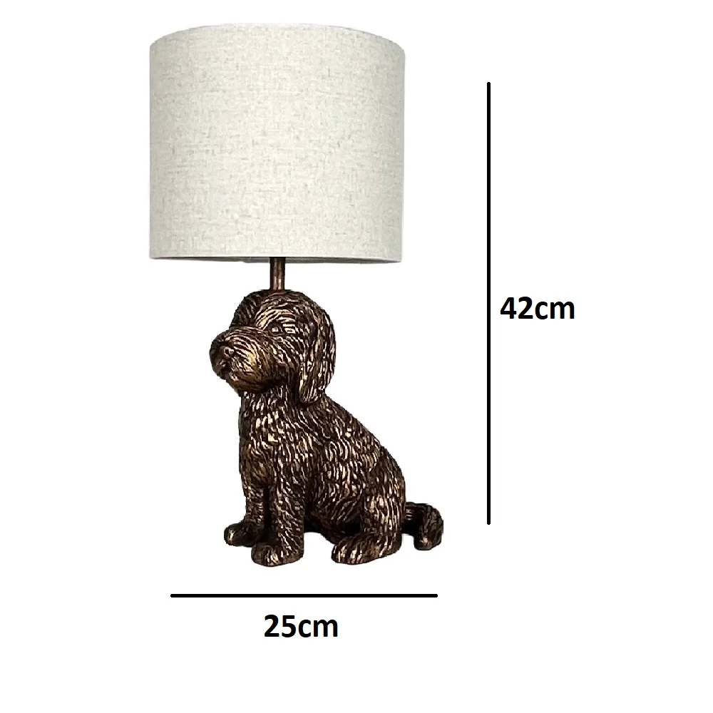 Antique Copper Sitting Puppy Table Lamp with Natural Linen Drum Shade 42cm - Image 6