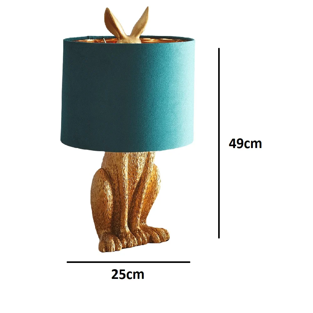Gold Resin Hiding Hare Table Lamp with Green Velvet Drum Shade 49cm - Image 4