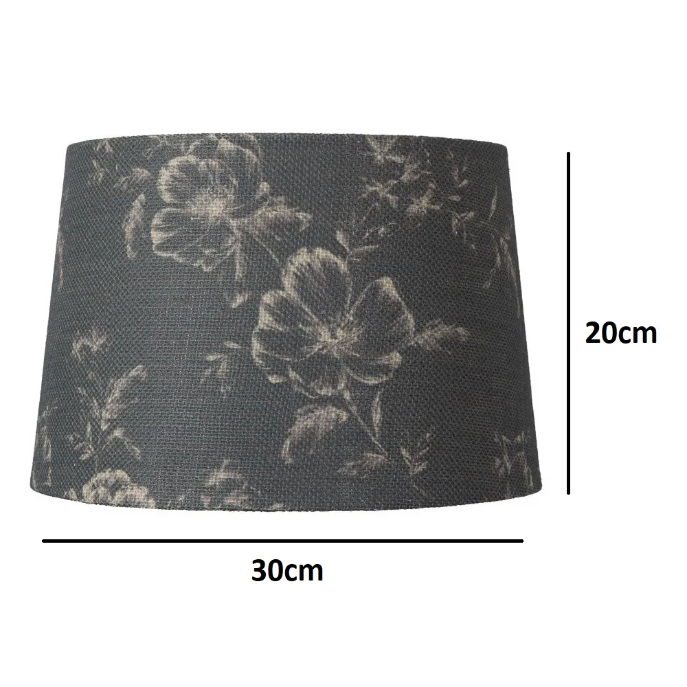 12" Slate Grey Linen Floral Design Vintage Easy Fit Tapered Drum Shade 300mm - Image 3