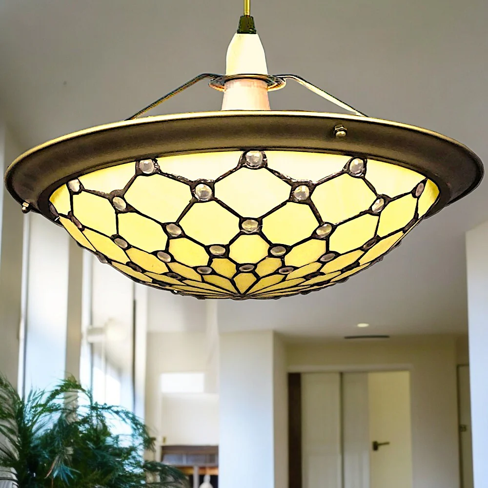 Beige & Clear Jewel Tiffany Glass and Antique Brass Metal Easy Fit Pendant Dome Up Light Shade 35cm - Image 3
