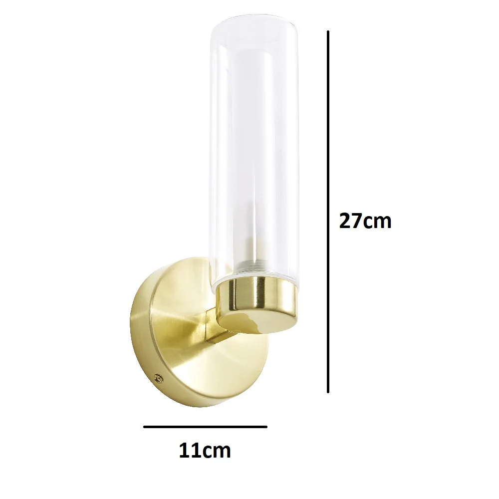 Satin Brass & Clear Cylinder Glass Bathroom Vintage Single Lamp Wall Light IP44 - Image 4