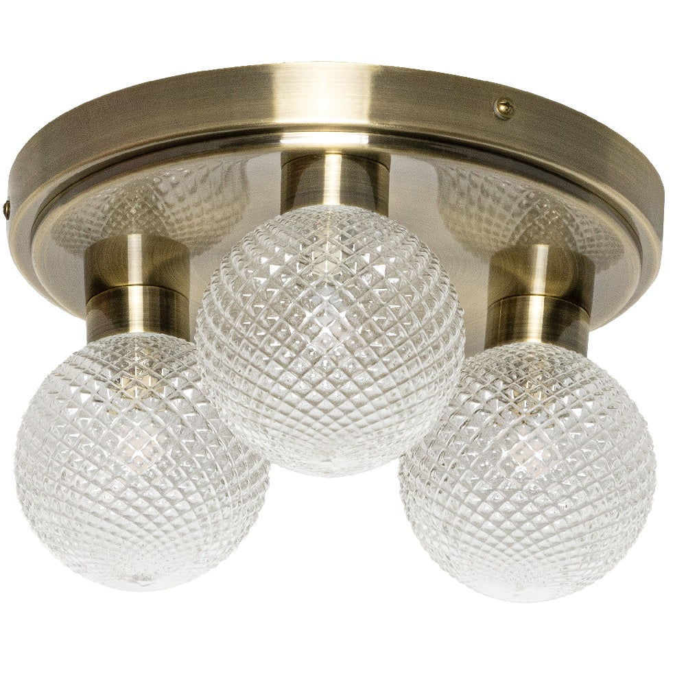 Antique Brass & Ribbed Glass Shades Vintage 3 Lamp Bathroom Flush Ceiling Light IP44