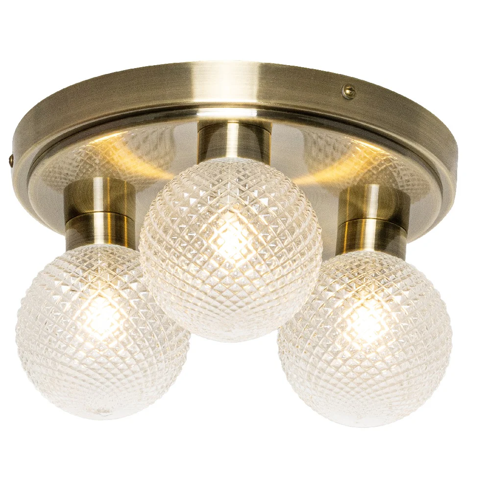 Antique Brass & Ribbed Glass Shades Vintage 3 Lamp Bathroom Flush Ceiling Light IP44 - Image 2
