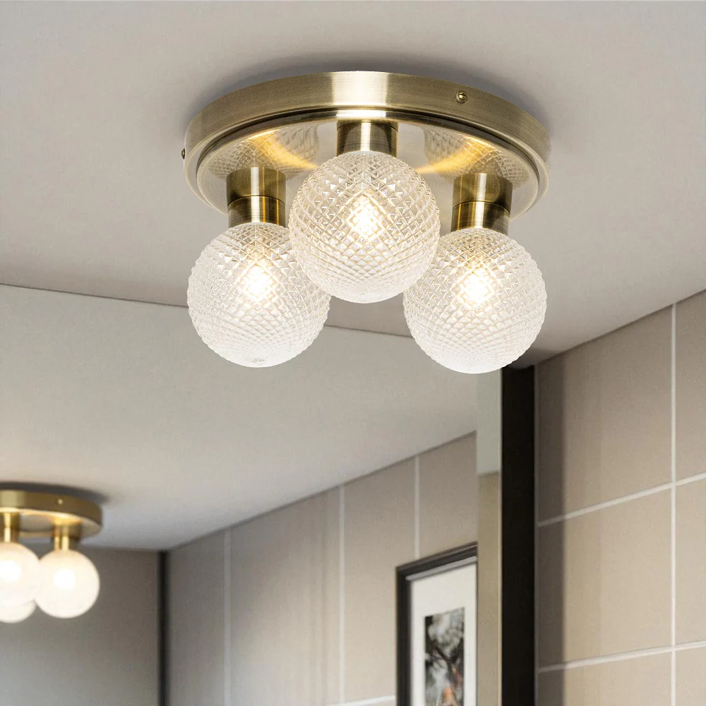 Antique Brass & Ribbed Glass Shades Vintage 3 Lamp Bathroom Flush Ceiling Light IP44 - Image 4