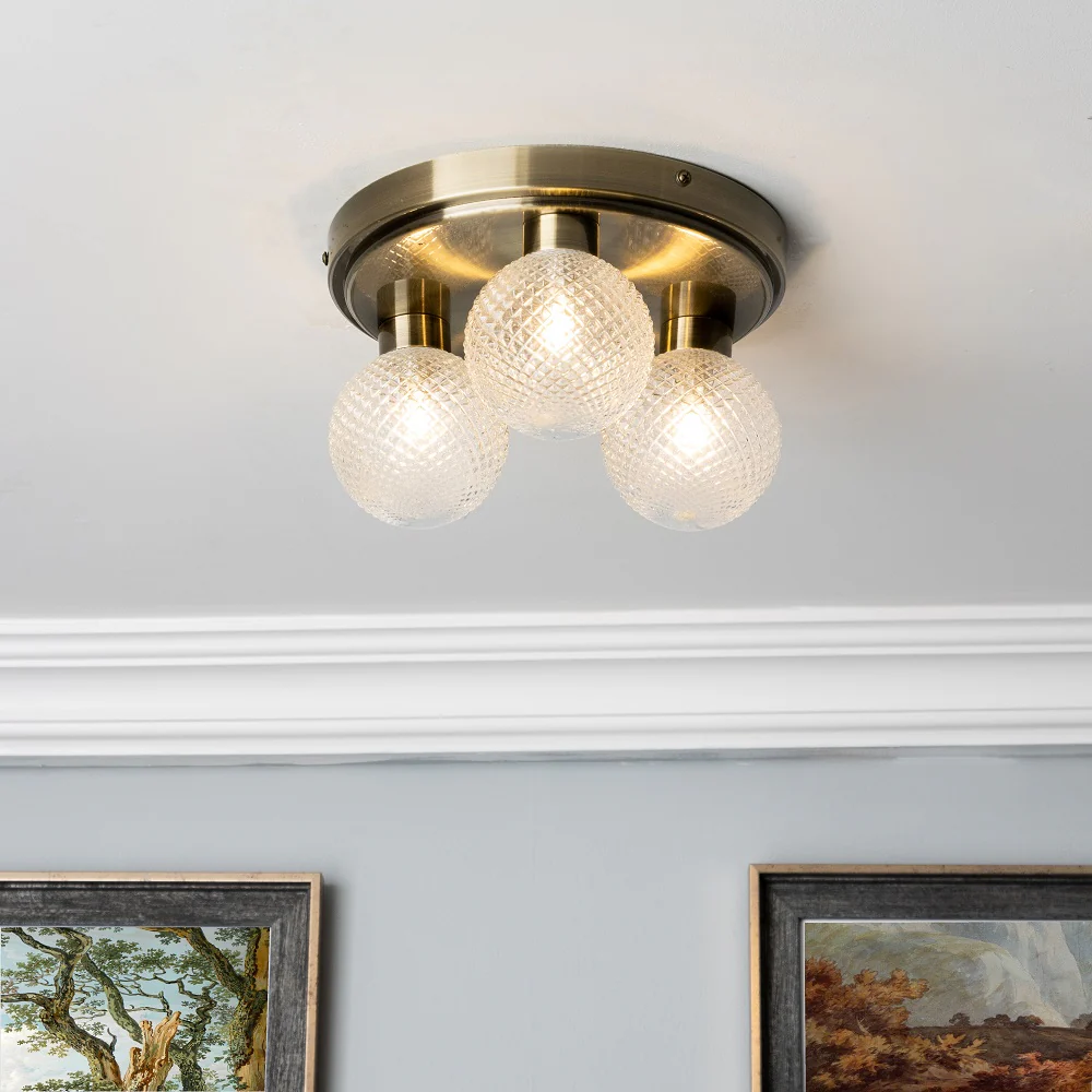 Antique Brass & Ribbed Glass Shades Vintage 3 Lamp Bathroom Flush Ceiling Light IP44 - Image 5