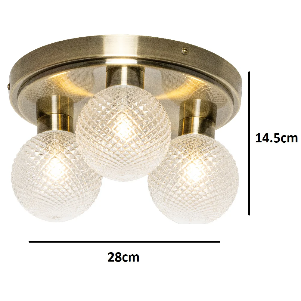 Antique Brass & Ribbed Glass Shades Vintage 3 Lamp Bathroom Flush Ceiling Light IP44 - Image 6