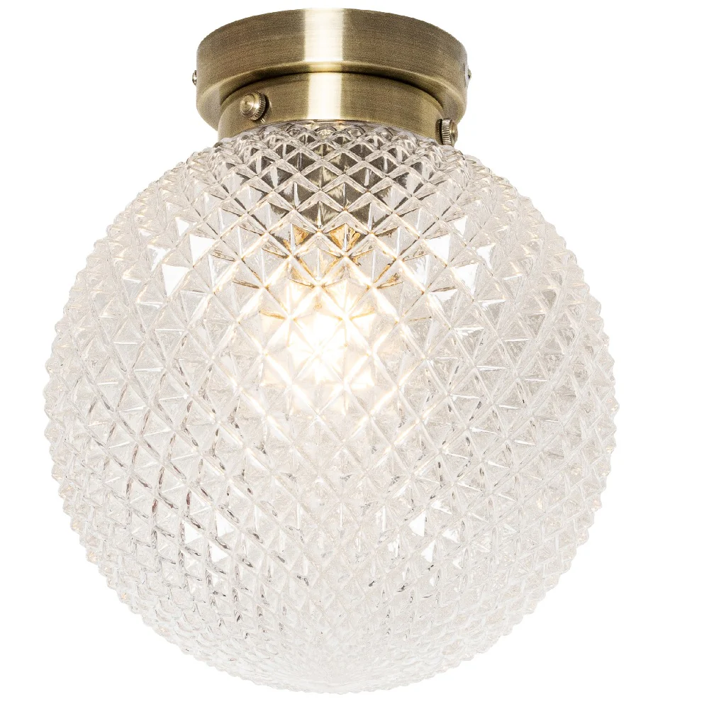 Antique Brass and Ribbed Glass Semi Flush Globe Ceiling Light IP44 - Image 2