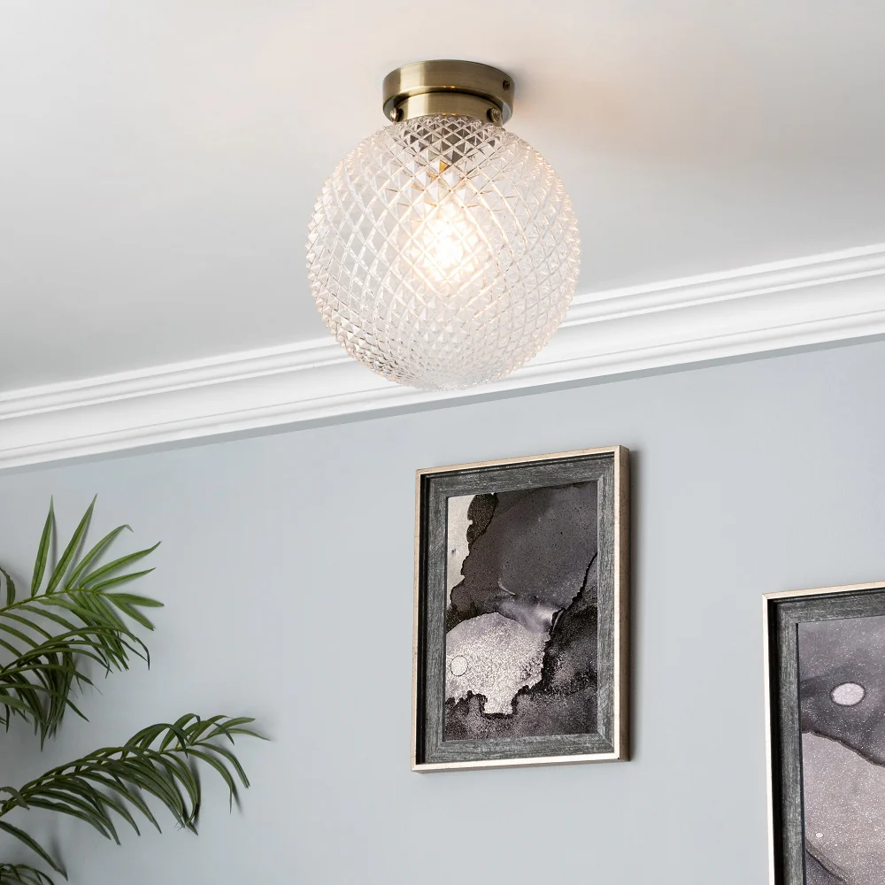 Antique Brass and Ribbed Glass Semi Flush Globe Ceiling Light IP44 - Image 4