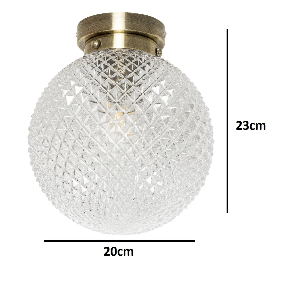 Antique Brass and Ribbed Glass Semi Flush Globe Ceiling Light IP44 - Image 5