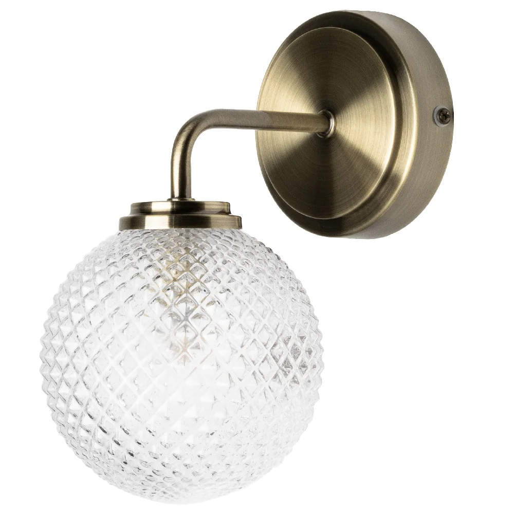 Antique Brass Bathroom Vintage Wall Light with Ribbed Globe Glass IP44
