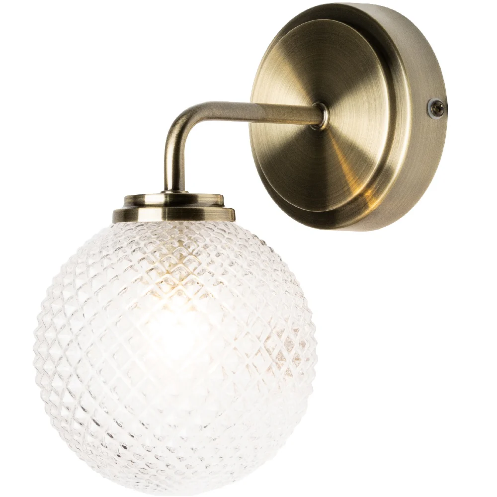 Antique Brass Bathroom Vintage Wall Light with Ribbed Globe Glass IP44 - Image 2