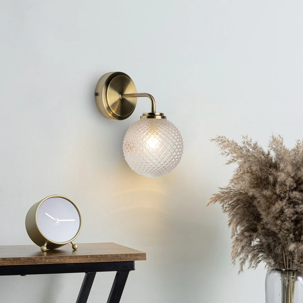 Antique Brass Bathroom Vintage Wall Light with Ribbed Globe Glass IP44 - Image 4