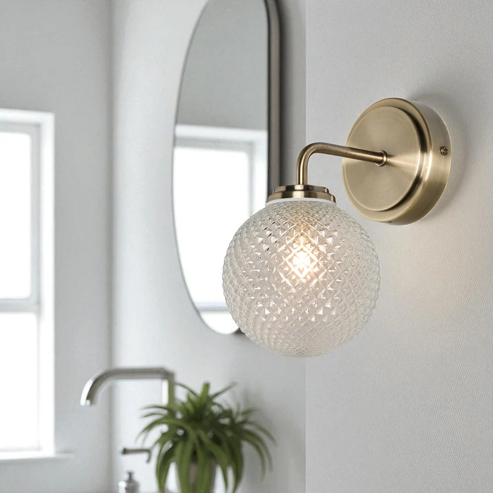 Antique Brass Bathroom Vintage Wall Light with Ribbed Globe Glass IP44 - Image 5