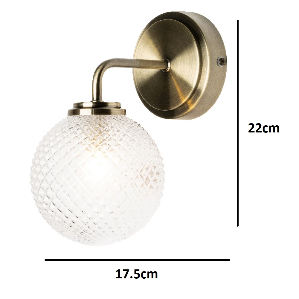 Antique Brass Bathroom Vintage Wall Light with Ribbed Globe Glass IP44 - Image 6