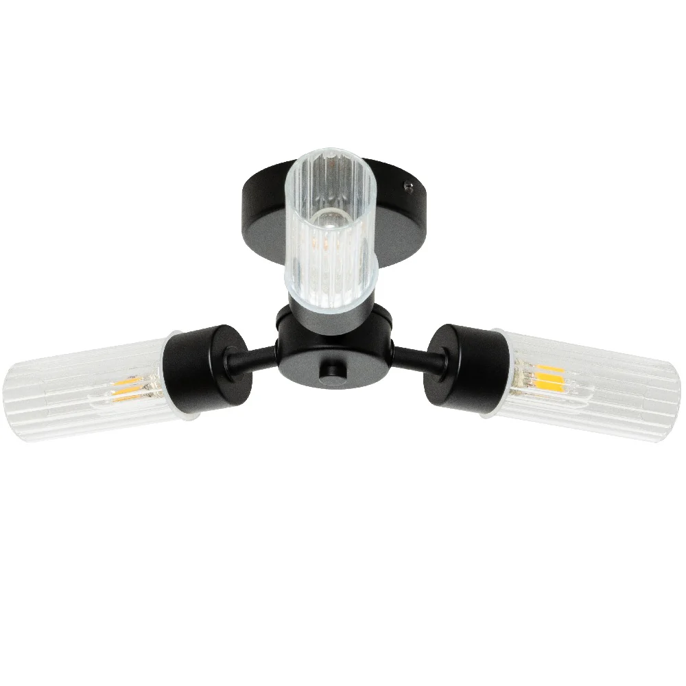 Matt Black & Ribbed Glass Bathroom Vintage 3 Lamp Ceiling Light IP44