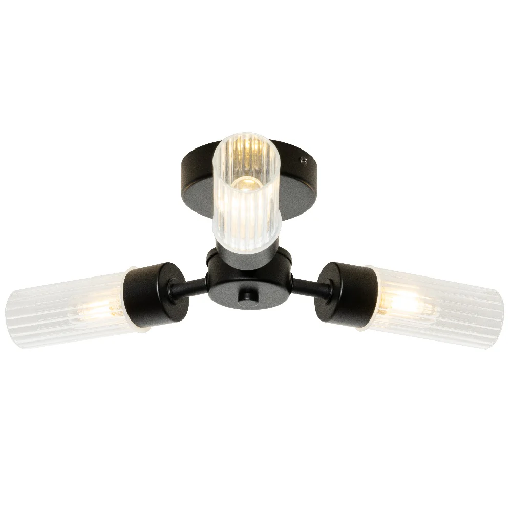 Matt Black & Ribbed Glass Bathroom Vintage 3 Lamp Ceiling Light IP44 - Image 2