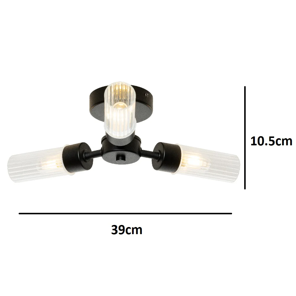 Matt Black & Ribbed Glass Bathroom Vintage 3 Lamp Ceiling Light IP44 - Image 4