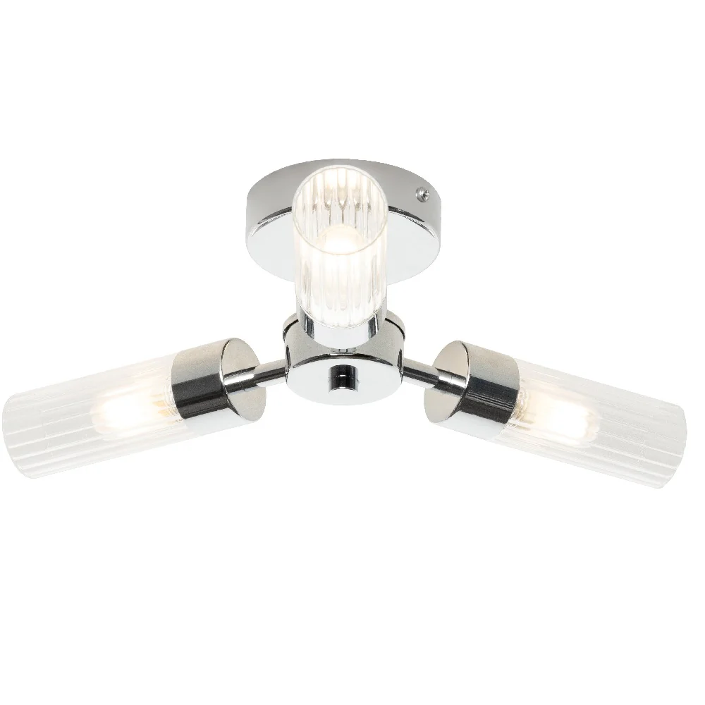 Polished Chrome & Ribbed Glass Bathroom Vintage 3 Lamp Ceiling Light IP44 - Image 2